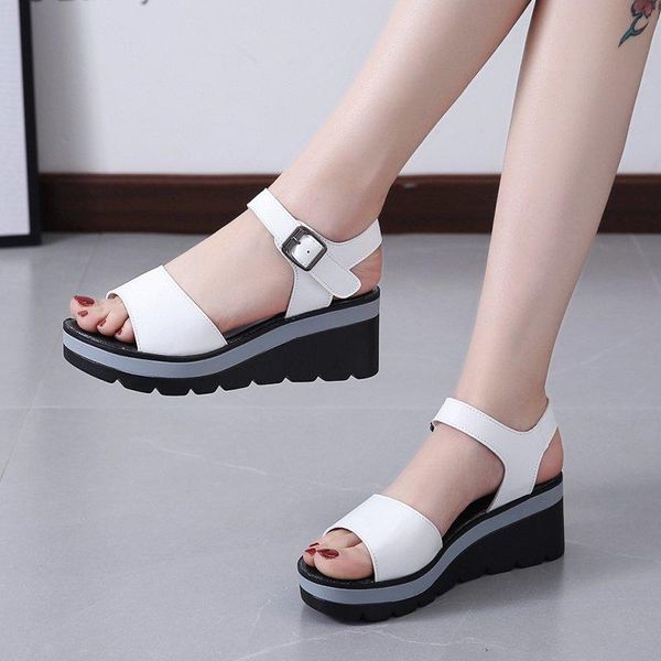 

dress shoes summer style women's sandals thick-soled non-slip lightweight waterproof platform one word buckle slope heel casual, Black