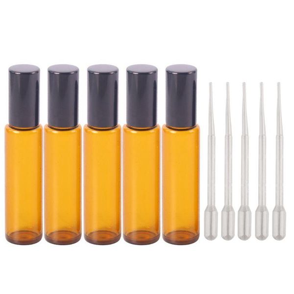 

5 pcs 10 ml glass roll-on bottles with stainless steel roller balls - 5 dropper