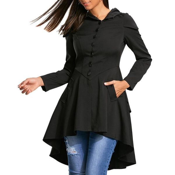 

women's trench coats fashion women shirts long sleeve layered lace up high low hooded coat girl bandage outwear female clothing, Tan;black