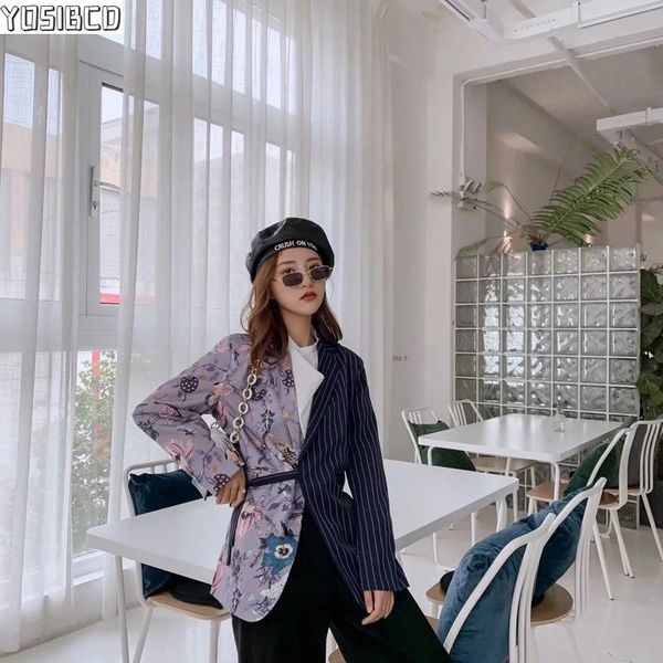 

yosibcd women 2021 fashion office wear floral print patchwork blazer coat vintage pockets with belt female outerwear chic, White;black