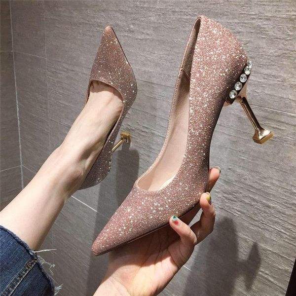 

sandals wedding shoes women 2021 crystal bride high heels thin heel pointed sequin net red girl single, Black