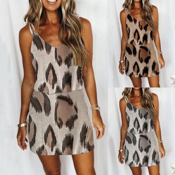 

casual dresses women vintage dress leopard v-neck short sleeve bohemian strap open back print vestido de mujer, Black;gray