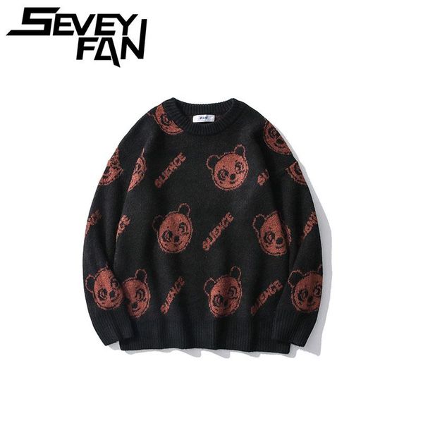 

men's sweaters seveyfan cartoon bear jacquard sweater lazy loose round neck trend brand pullover for male, White;black
