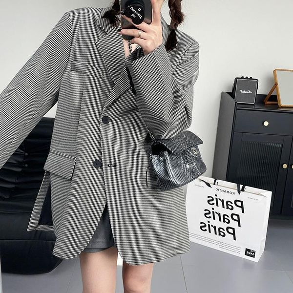 

women's suits & blazers [ewq] korea chic temperament plaid blazer autumn 2021 notched loose single breasted split long sleeve suit jack, White;black