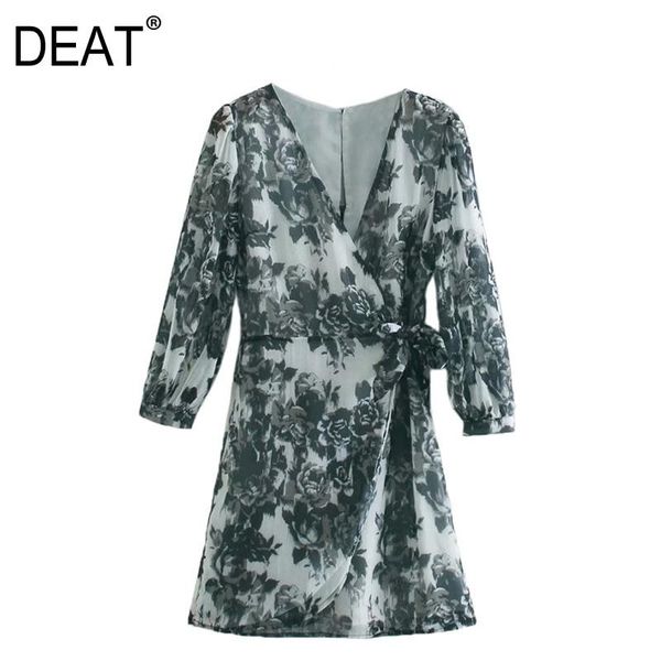 

casual dresses [deat] 2021 spring fashion tide temperament women v-neck high waist long sleeve printing loose mini dress 13a832, Black;gray
