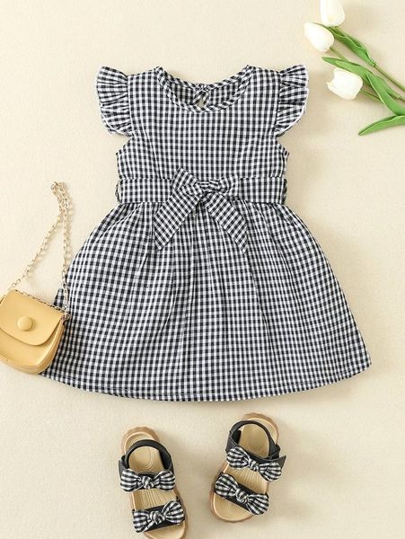 

baby gingham ruffle sleeve belted dress she, Red;yellow
