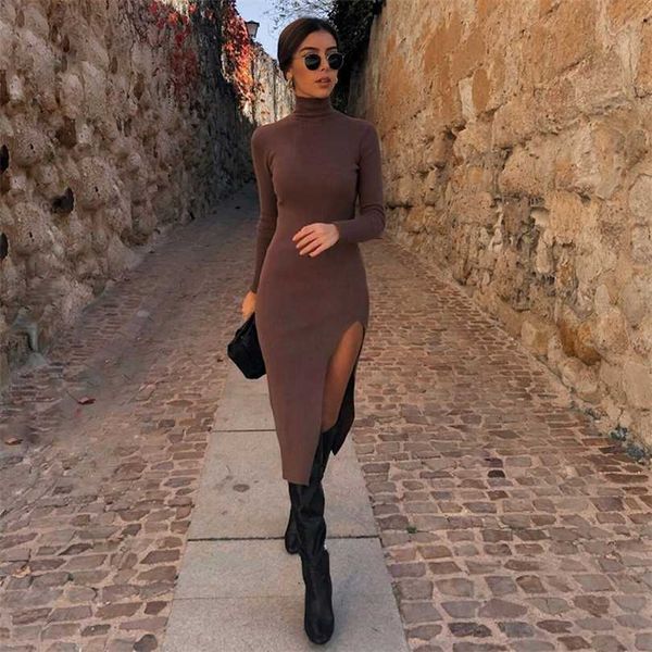 

high-neck kint female dres's long sleeve elastic midi fashion elegant split lady knitted sweater e robe 211110, Black;gray