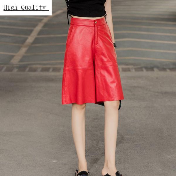 

women's pants & capris 2021 knee length real leather wide leg women harajuku loose natural sheepskin trousers ladies short streetwear, Black;white