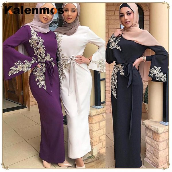 

casual dresses kalenmos dubai arab islamic clothing women muslim dress beading floral printed lace-up slim abaya kaftan islam costume, Black;gray