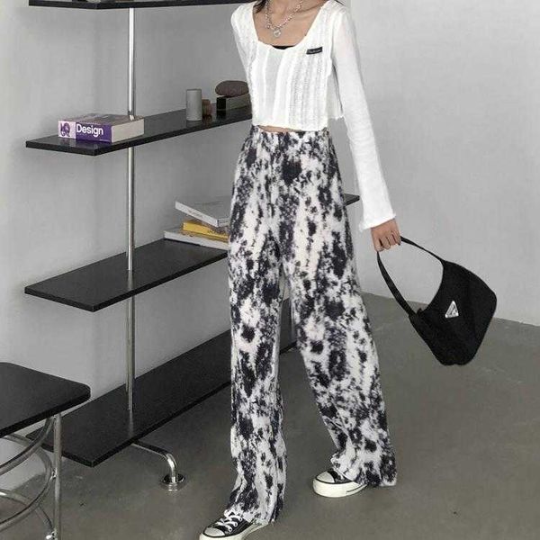 

women's pants & capris fashion korean casual high waist ink-dyeing wide-leg trousers women loose 2021 spring ls1x, Black;white