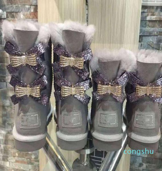 

new australian snow boots middle tube fashion warm women's cotton shoes bowknot drill snowshoe size, Black