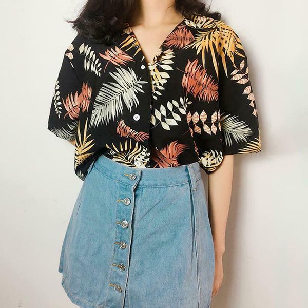 

women's summer casual loose half sleeve leaf printed shirt plus size ins super loose hawaiian shirt beach clothes new, White