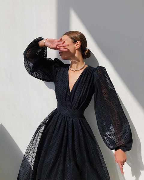 

casual dresses elegants women party 2021 arrivals polk dot printing long sleeves v neck fashion ankle length, Black;gray