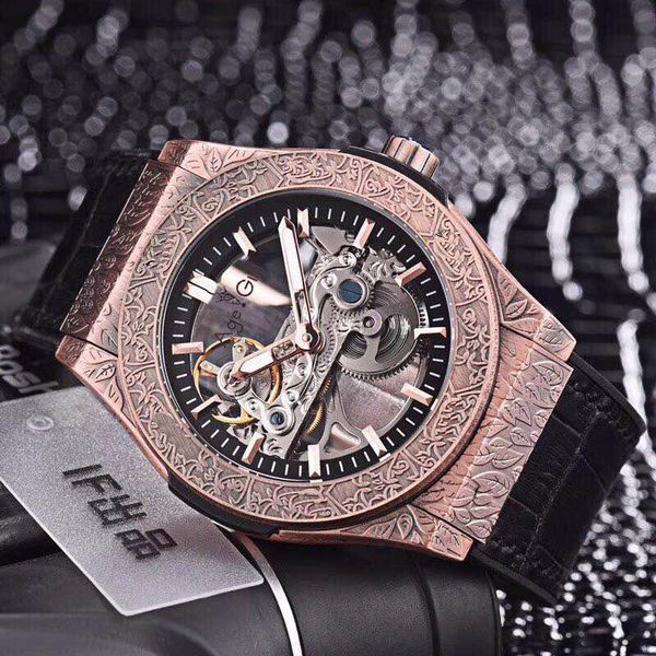

wristwatches luxury men rose gold brown black leather automatic mechanical sapphire glass back skeleton watches special waterproof, Slivery;brown