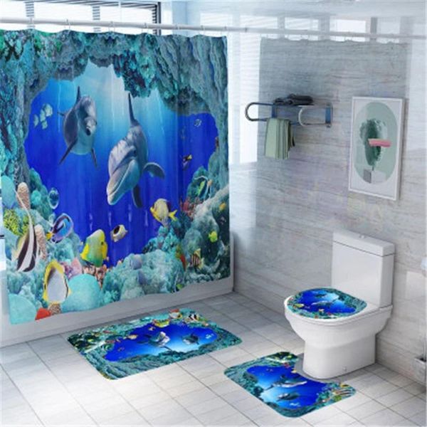 

shower curtains 4pcs/set bathroom mat set anti-slip marine animals bath coral fleece curtain floor washable toilet rug