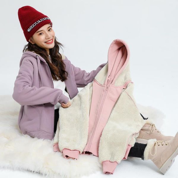 

lamb imitation plush zip-up plus hooded thick women hoodies jacket autumn winter korean style fashion loose sweatshirt outwears, Black;brown
