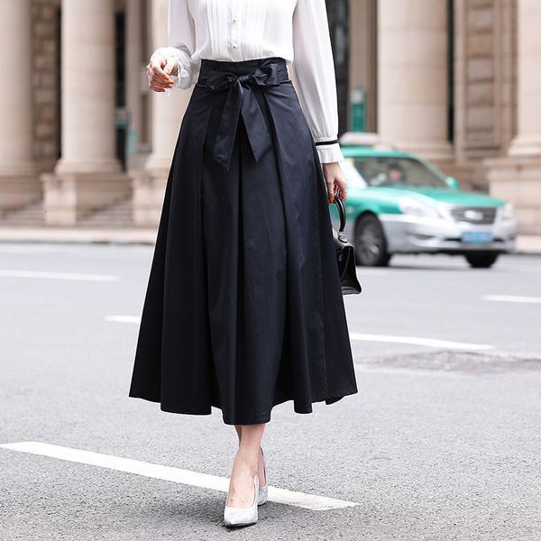 

autumn female colour high-waist self-tie tie beautified big stylish retro-to-line skirt y233 w6lg, Black
