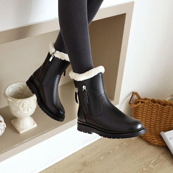 

boots double zipper decoration plush edge flat snow round toe non-slip super small size winter warm and thick fur ankle, Black