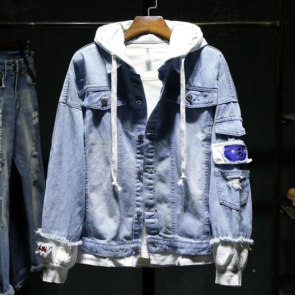 

autumn large stitching fake two men's casual hooded youth loose denim jacket, Black;brown