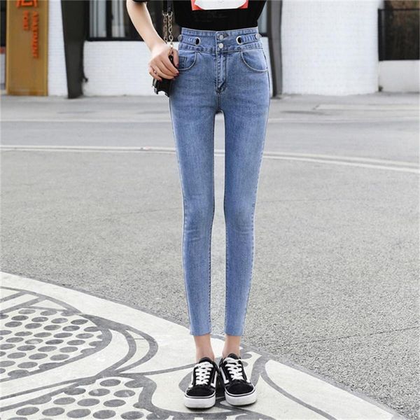 

women's jeans spring 2021 high waist ankle length light blue elastic feet
