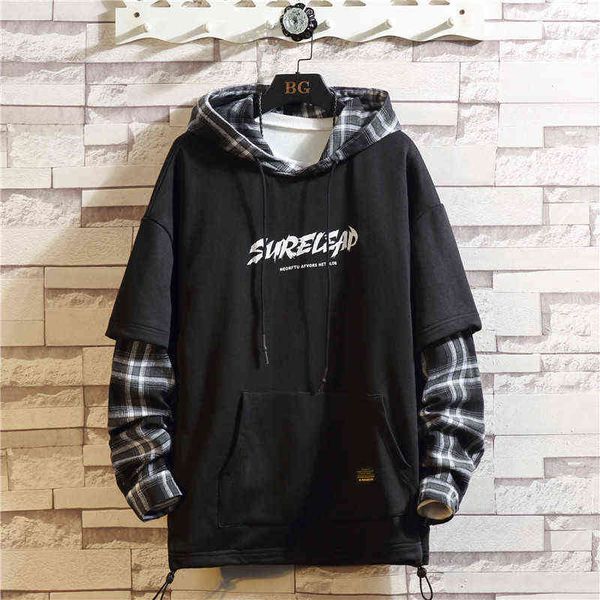 

autumn spring black patchwork hoodies men's sweatshirts hiphop punk streetwear casual pullover 211106