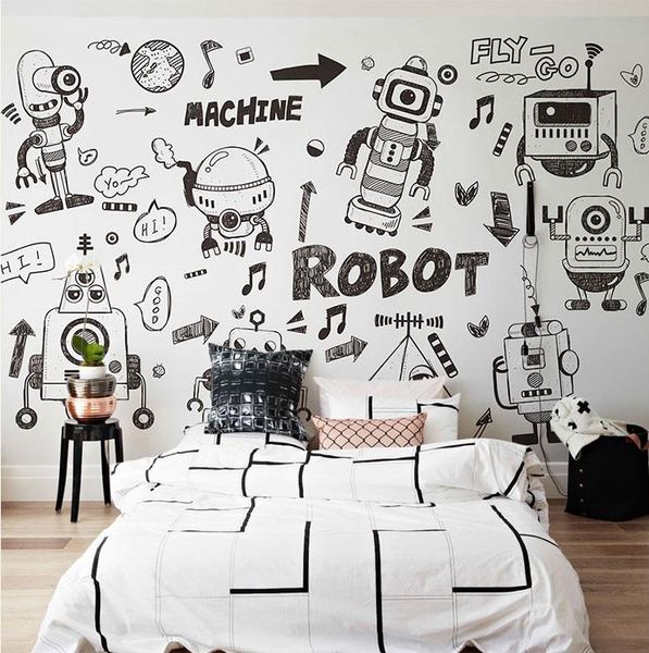 

wallpapers cartoon black and white wallpaper mural 3d wall po for kids room sofa background robot paper decor