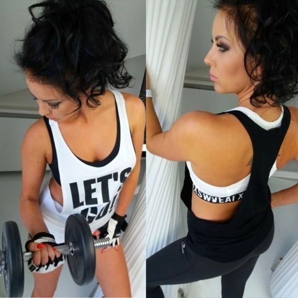 

casual vest sleeveless backless sport womens camis shirt running gym letter fitness tank no bra, White