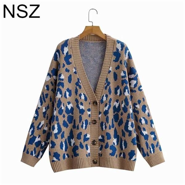 NSZ Mulheres Impressão Animal Leopardo Sweater Oversized Cardigan Autumn Grande Tamanho Grande Casaco Jumper Jumper Knitwear Jersey 211011