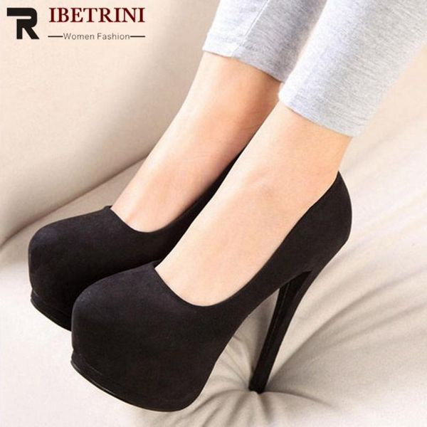 

dress shoes ribetrini office laday super high heels shallow women flock platform party pumps round head, Black