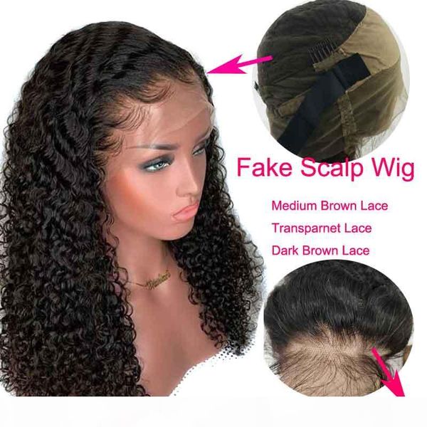 

hd transparent kinky curly wig remy invisible 360 lace frontal wig brazilian afro fake scalp lace front wig preplucked for women, Black