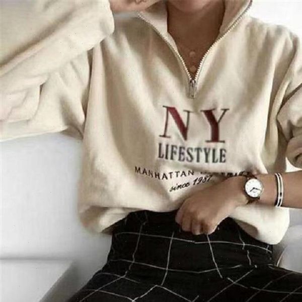 

zipper turtleneck letter print usa vintage sweatshirts loose fashion women girls pullovers plus size warm cotton 2021 autumn new, Black