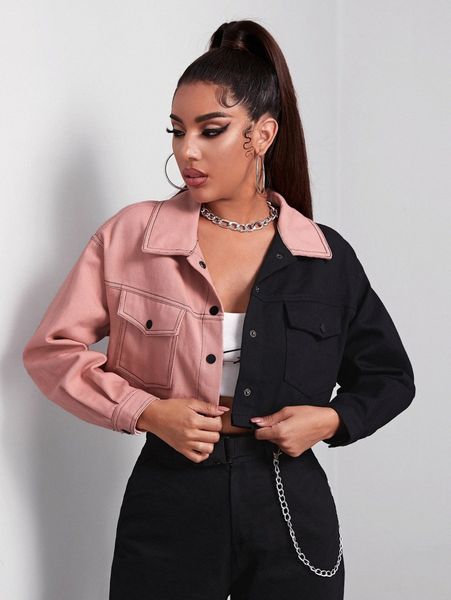 

drop shoulder color block button front jacket g0rm#, Black;brown