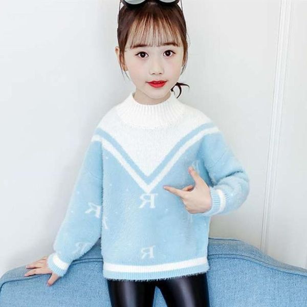 

pullover girls sweater kids baby's coat outwear 2021 elegant plus velvet thicken warm winter knitting cotton children's clothin, Blue