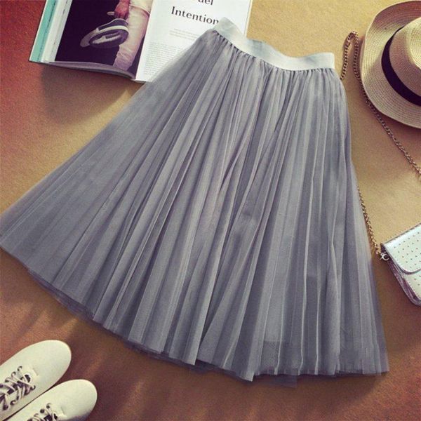

skirts solid tulle womens black gray white skirt elastic high waist pleated midi