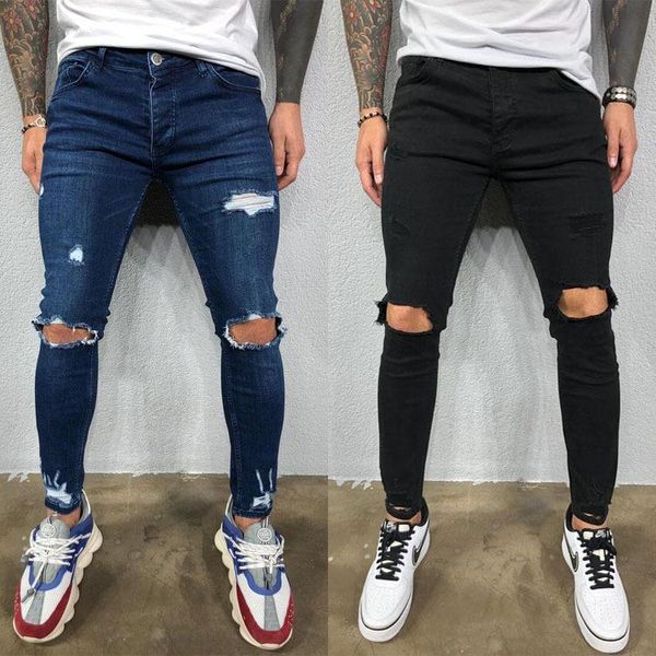 

men's jeans ripped stretch skinny for men street wear, Blue