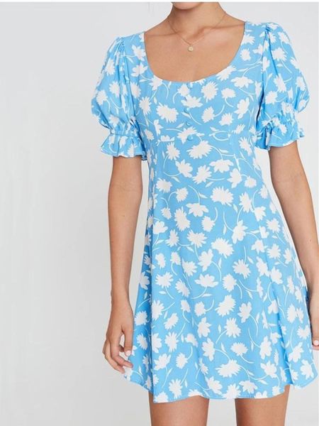 

party dresses women's blue mini dress ruffles puff sleeve floral printing square collar sashes zipper lace-up prairie chic short button, White;black