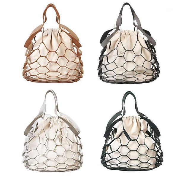 

evening bags fashion hollow mesh leather bucket bag for women drawstring summer beach shoulder handbags net simple shopping straw1