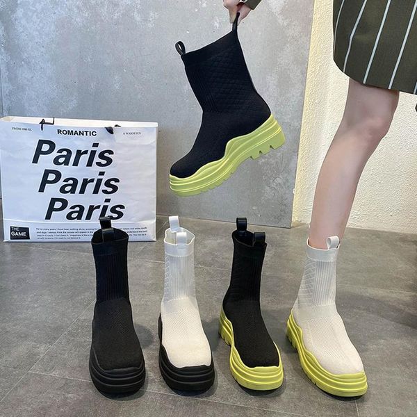 

boots flat platform women's rubber shoes rain boots-women round toe clogs rock high heel stockings ankle 2021 lolita autumn, Black