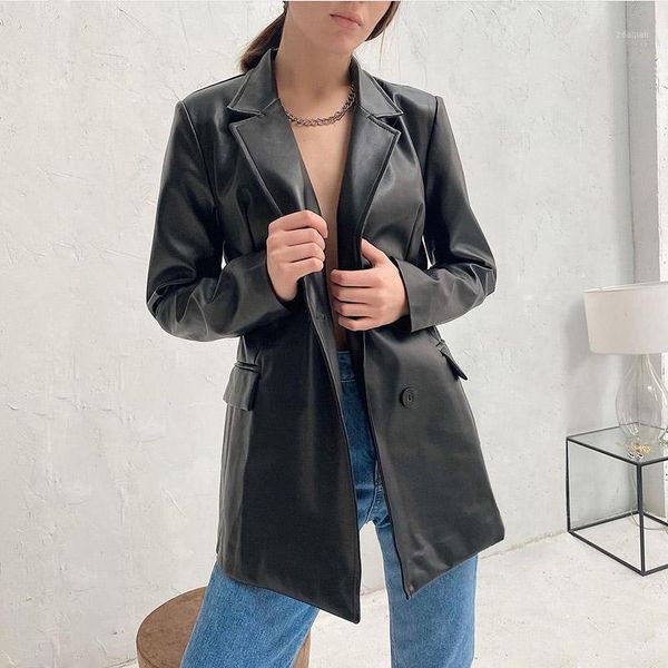 

women's suits & blazers causal black pu faux leather coat women fashion pleather woman single breasted loose ladies, White;black