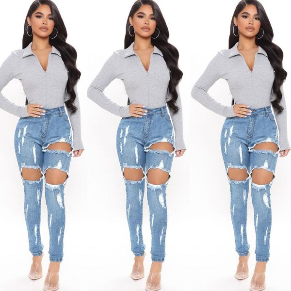 

light blue stretch ripped jeans skinny jeans women denim pants holes destroyed knee pencil pants casual trousers