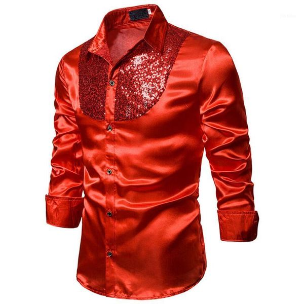 

2019 fashion trend formal men slim ball wedding silk-like satin long sleeve shirts performance stage sequined shinny 1, White;black