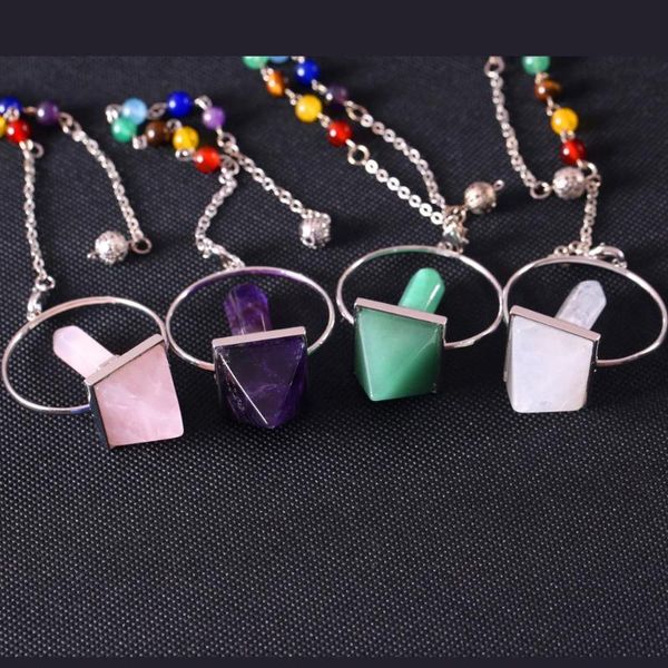 

reiki healing 7 chakra natural stone pendulum for dowsing hexagonal prism pyramid purple black onyx pink crystal pendant, Bronze;silver