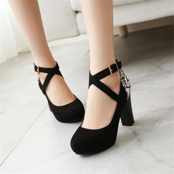 

dress shoes pxelena vintage lady cross tied gladiator pumps snake print+flock block chunky high heels strappy women plus size 35-43, Black