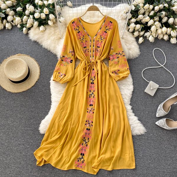 

casual dresses singreiny-retro dress with embroidery, feminine fashion, midi dress, puffy sleeve, v-collar, puffy sleeve, autumn, bohemian,, Black;gray