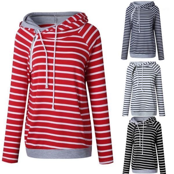 

women's hoodies & sweatshirts fashion striped print women hooded loose zipper casual female ladies autumn winter pullovers streetwear, Black
