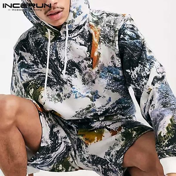 

men's tracksuits 2021 casual streetwear tropical long sleeve sweater short suit men loose camouflage hooded sets s-5xl incerun, Gray