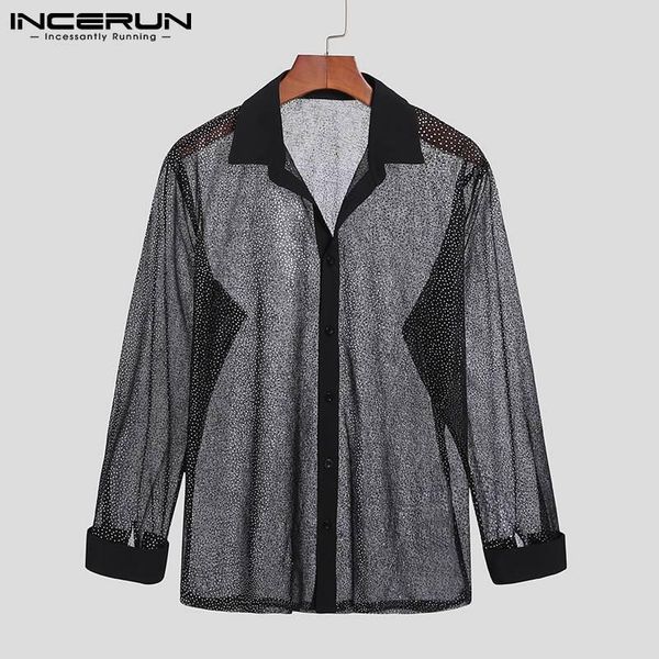 

men's casual shirts incerun men shirt polka dot print streetwear lapel long sleeve mesh see through camisas 2021 fashion party nightclu, White;black