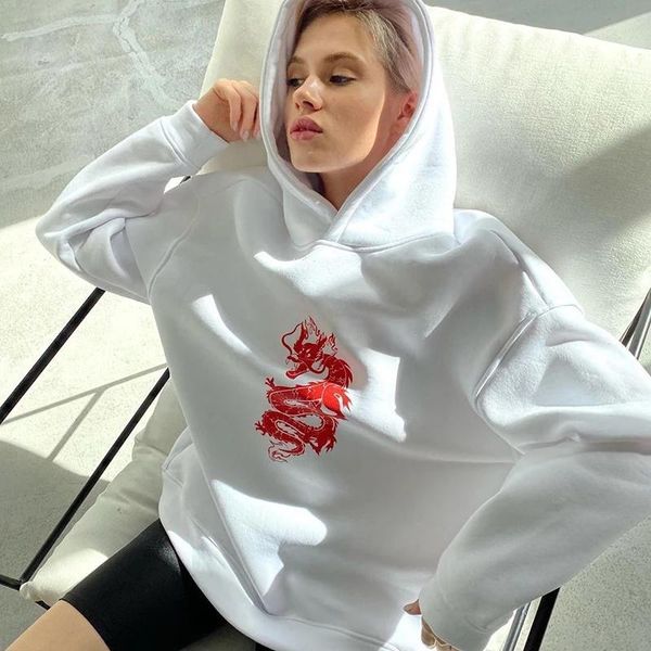 

women's hoodies & sweatshirts dragon printed pure color sweatshirt oversized loose casual chinese style sports harajuku retro hooded pu, Black