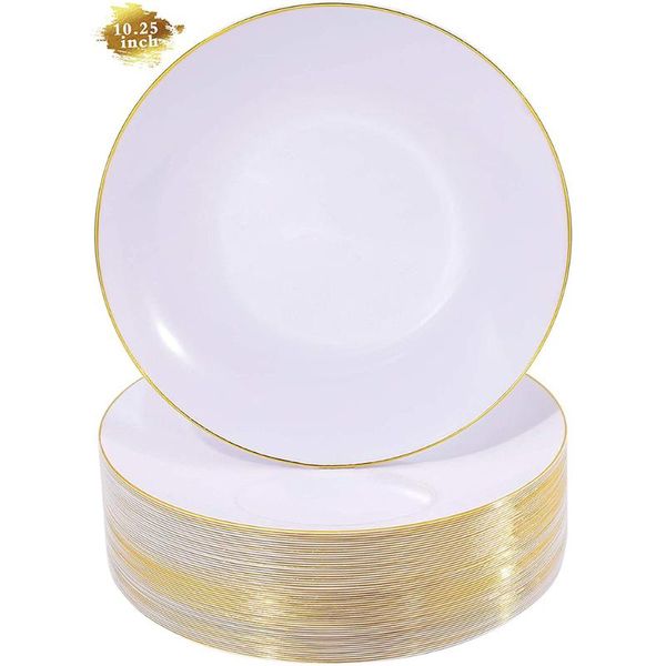 

disposable dinnerware 20 pcs plastic plates white with gold rim 7.5 in 10.25 suitable for wedding party