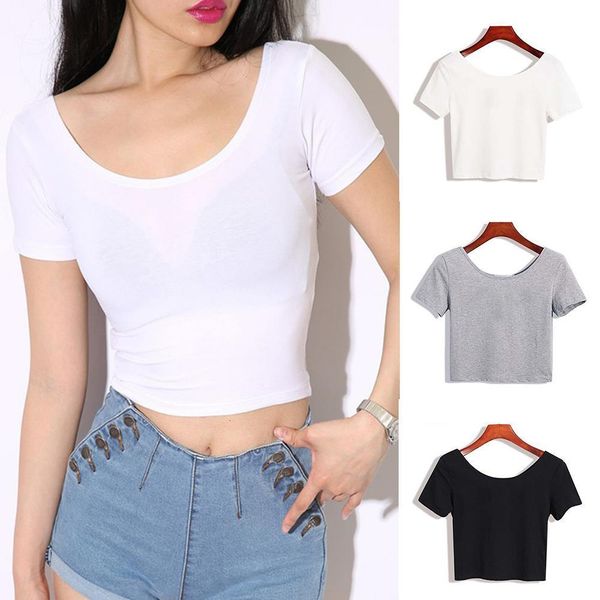 

ladies short sleeve o neck t-shirt crop 2021 summer women basic simple stretch solid color tee shirts black white gray